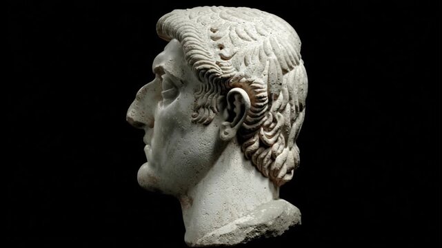 Marble bust of a Roman emperor Costantine the Great on a black background. Rotates on its own axis.