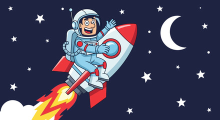 Fototapeta premium Astronaut in spacesuit riding rocket through night sky with stars and moon