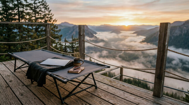 Camping cot with laptop and coffee overlooking misty mountain sunrise