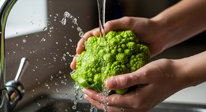 Washing fresh coliflor verde in kitchen sink with water splashes