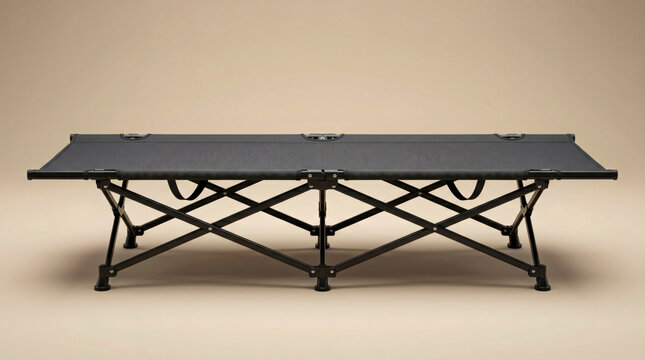 Foldable camping cot isolated on neutral background product shot