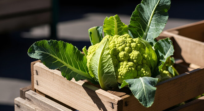 Fresh Coliflor Verde Romanesco Cauliflower in Rustic Wooden Crate