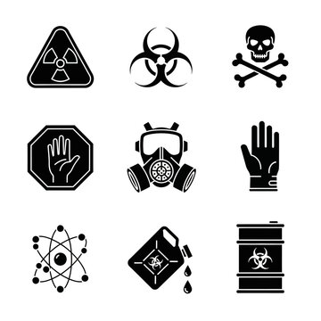 Collection of hazard and warning symbols including radiation, biohazard, skull and crossbones, stop hand, gas mask, glove, atom, fuel can, and drum