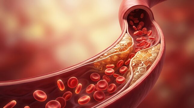 A detailed 3D rendering of a human blood vessel showing red blood cells flowing past atherosclerotic plaque buildup on the artery wall.