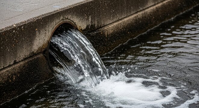 Water gushing from an urban storm sewer drain pipe into a body of water