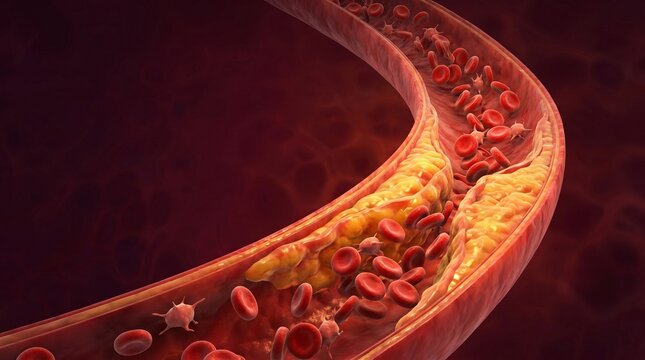 A detailed 3D illustration of atherosclerosis showing plaque buildup narrowing a human artery with red blood cells flowing.