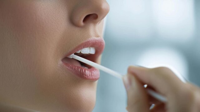 Close-up of woman collecting DNA sample with cotton swab in mouth