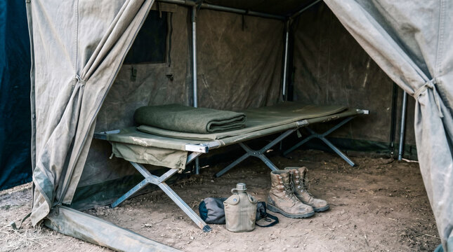 Military camping cot inside rugged tent with boots and gear on dirt floor
