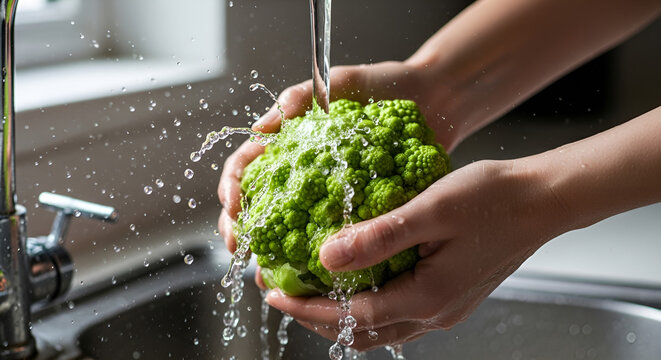 Fresh coliflor verde being washed under running water in kitchen