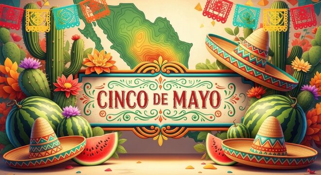 Vibrant Cinco de Mayo celebration background with sombreros watermelon and cacti