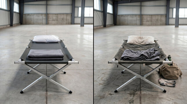 Clean vs used camping cot comparison in empty warehouse setting