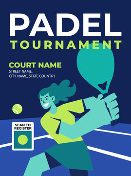 A vibrant flat vector illustration of a female padel player in action for a tournament poster. Features a modern design with a blue and lime green color palette, including the Cup event text and a reg