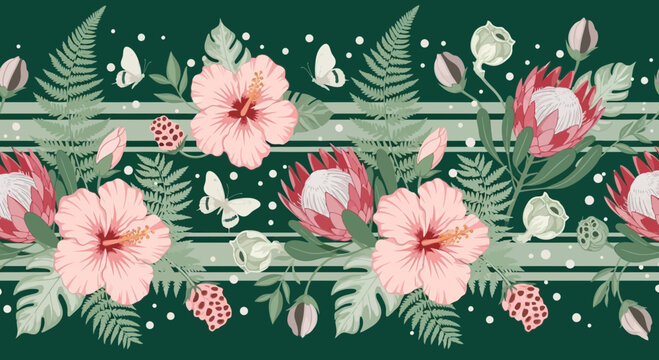 Floral border design featuring hibiscus protea ferns and butterflies illustration