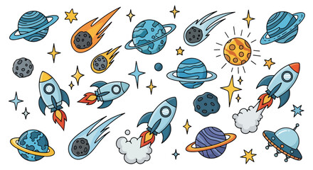 Hand drawn outer space vector set, cartoon rocket ships and planets collection, cosmic galaxy doodle elements for kids education and science projects © stcok victer cenva