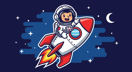 Naklejka premium Astronaut riding a rocket in space with stars and moon illustration