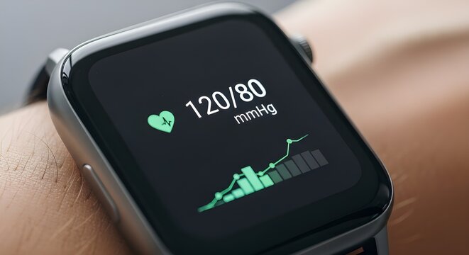 A person wearing a modern, sleek smartwatch on their wrist, displaying a healthy blood pressure reading on the screen, macro shot, shallow depth of field.