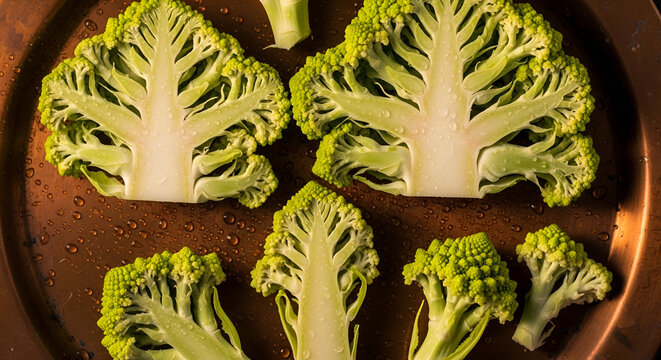 Slices of Romanesco broccoli coliflor verde on a copper plate