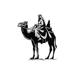Naklejka premium Black and white illustration of a desert explorer riding a camel in traditional Middle Eastern clothing, vintage vector style desert explorer