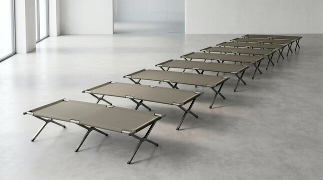 Perspective row of camping cots in bright minimal architectural space