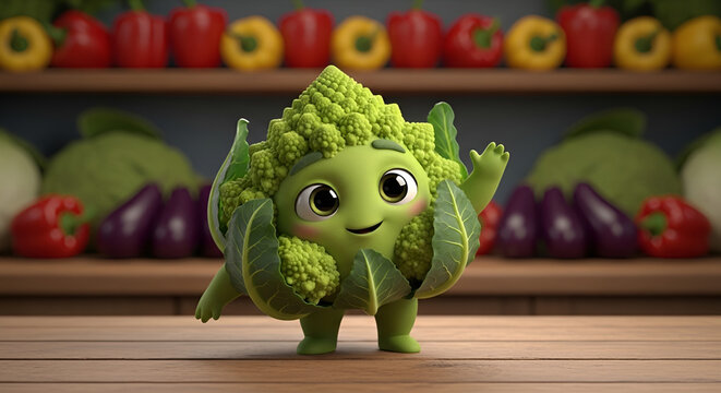 Smiling Coliflor Verde Mascot Character in a Grocery Store Setting