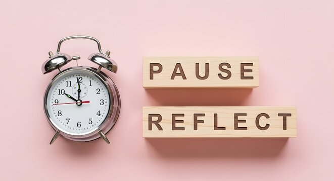Mindfulness concept, classic alarm clock beside wooden spelling pause and reflect, symbol of slowing down