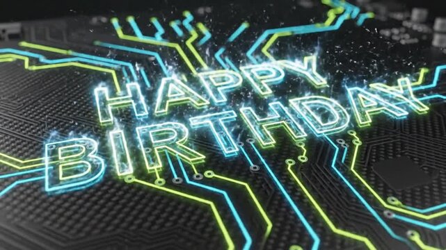 Digital circuit board animation featuring words happy birthday