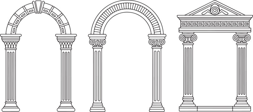 Classical greek and roman architectural frames set featuring elegant stone arches with ionic columns and stone pediments Vector Illustration.