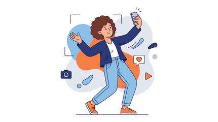 Fototapeta premium Joyful Young Person Dancing and Taking Selfies Surrounded by Colorful Digital Icons in a Playful Environment