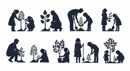 Fototapeta premium Silhouettes of families and children planting trees, symbolizing environmental care and growth.