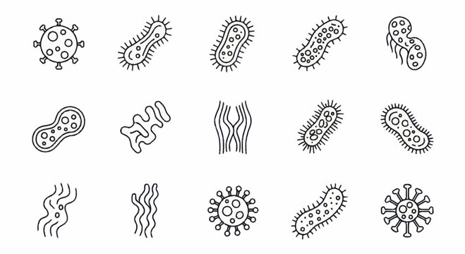 Set of various bacteria and virus cells in outline style.