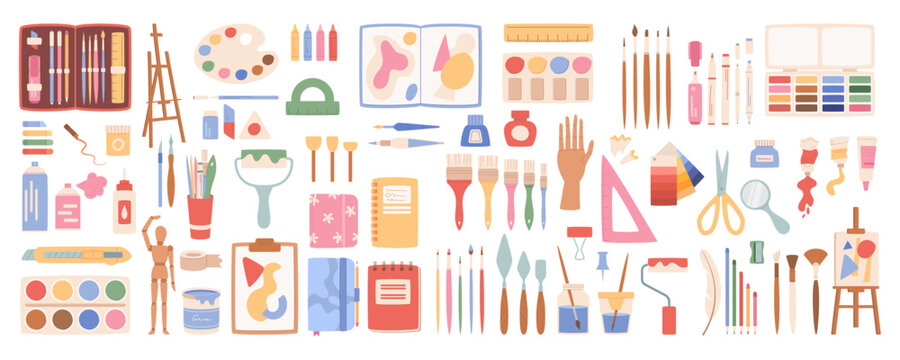 Colorful flat art craft supplies set isolated on white. Fun stationery and painting tools doodle objects. Watercolor brush, pencil, and paint supply suit creative school class children study,