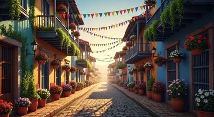 Obraz premium vibrant latin american street with colorful buildings and flowers at sunset