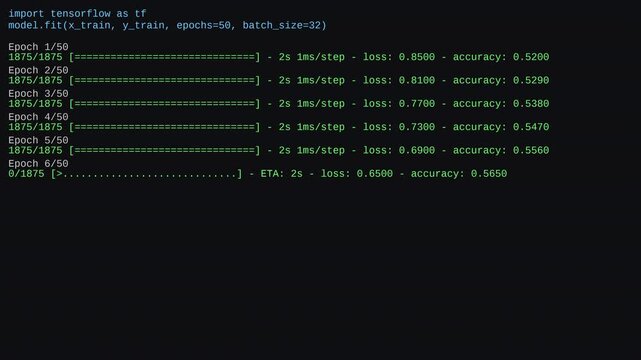Data scientist terminal training artificial intelligence machine learning model with epochs and loss metrics for tech video