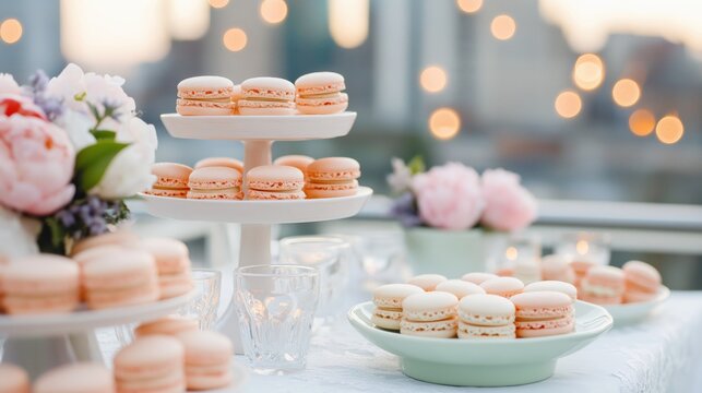 Delicate pink and white macarons served on a formal table setting with flowers and bokeh lights, creating an elegant event scene