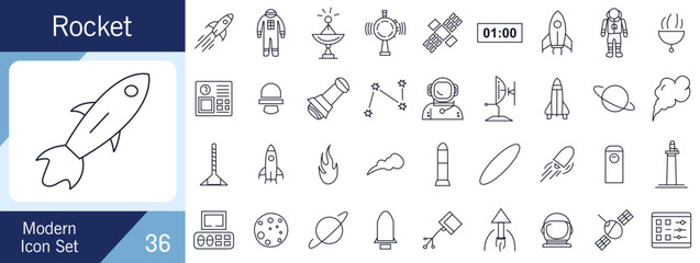 Modern Space Exploration Monoline Icon Set with Rocket and Astronomy Elements. © Nilni