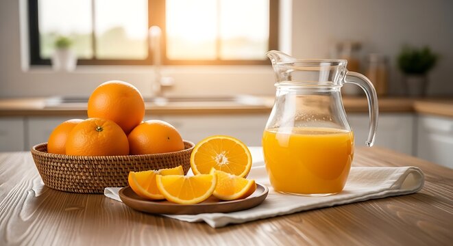 Teko jus jeruk segar bersama buah utuh di atas meja dapur melambangkan kehangatan pagi dan kesehatan keluarga