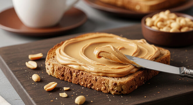 Close-up of a knife spreading creamy peanut butter on a slice of toasted whole grain bread surrounded by scattered peanuts and a blurred breakfast setting.