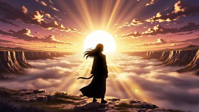 Anime scene of a samurai silhouette standing at sunrise on a cliff