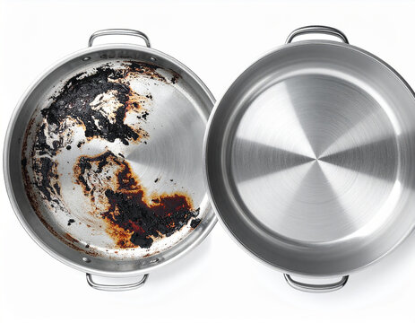 Comparison of a dirty burnt frying pan next to a clean shiny stainless steel pan 