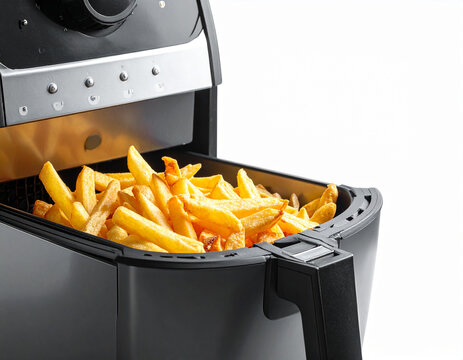 Crispy golden french fries filling the basket of a modern black air fryer appliance ready for serving