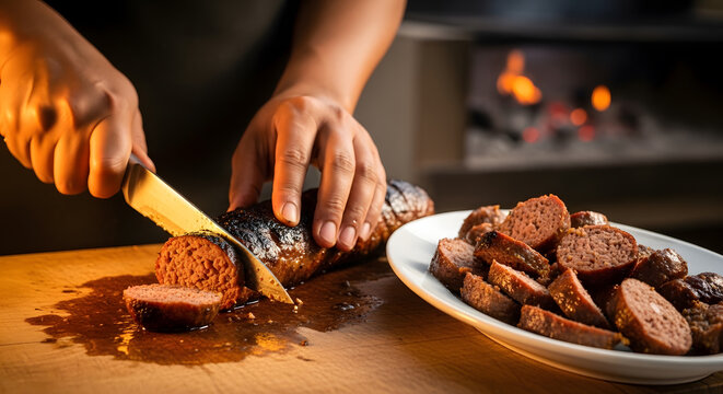 Close up of hands using a sharp knife to cut a seasoned meat roll into round slices with a plate of meat nearby