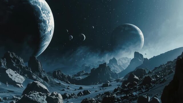 Moonlit alien landscape planet under moonlit sky with rocky terrain and distant planets