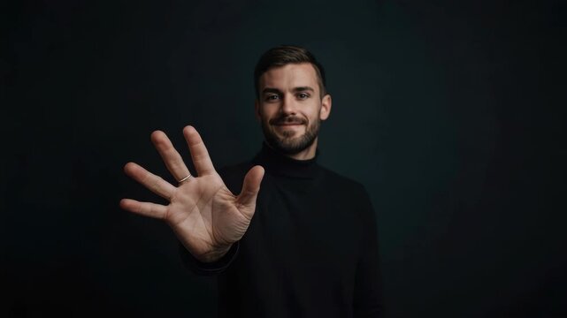 Confident adult male with short beard and hair reaching hand forward in dark studio calm smile