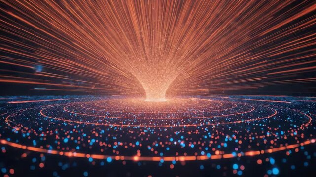 Glowing orange vortex with radial light streak particle grid and futuristic energy burst