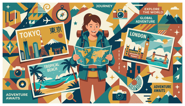 Woman planning a world travel journey.