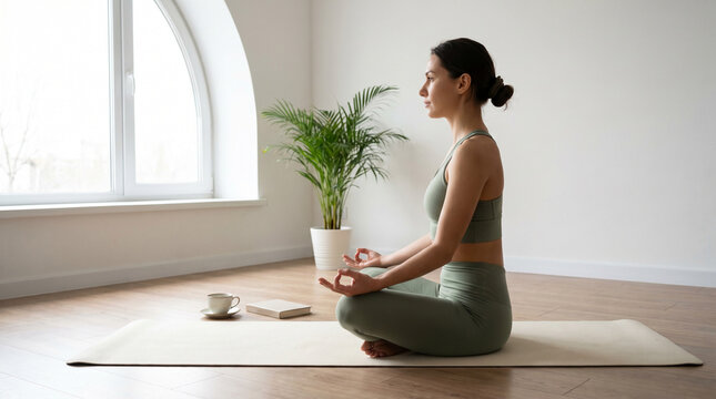 Young Woman Meditating  on a Yoga Mat at Home