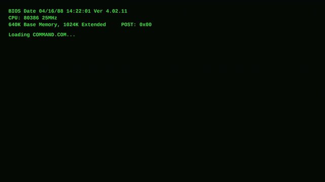 Retro MS DOS style computer boot sequence with green phosphor text and system memory check for vintage technology b roll