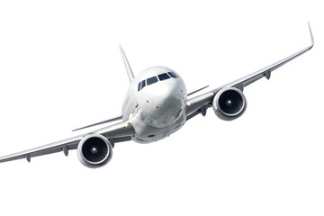 Fototapeta premium Front view of a modern commercial airplane in flight with landing gear retracted, showcasing its engines and cockpit against a clean white background.