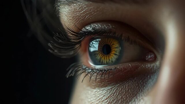 Gold brown and green iris closeup with long eyelash and textured skin, reflective pupil detail