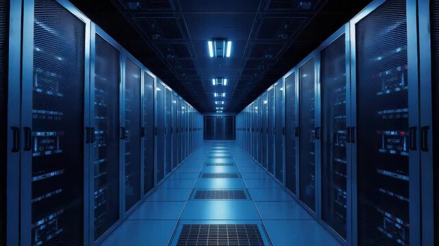 Modern data center aisle with rows of server cabinets and rack mount server room cool blue lighting